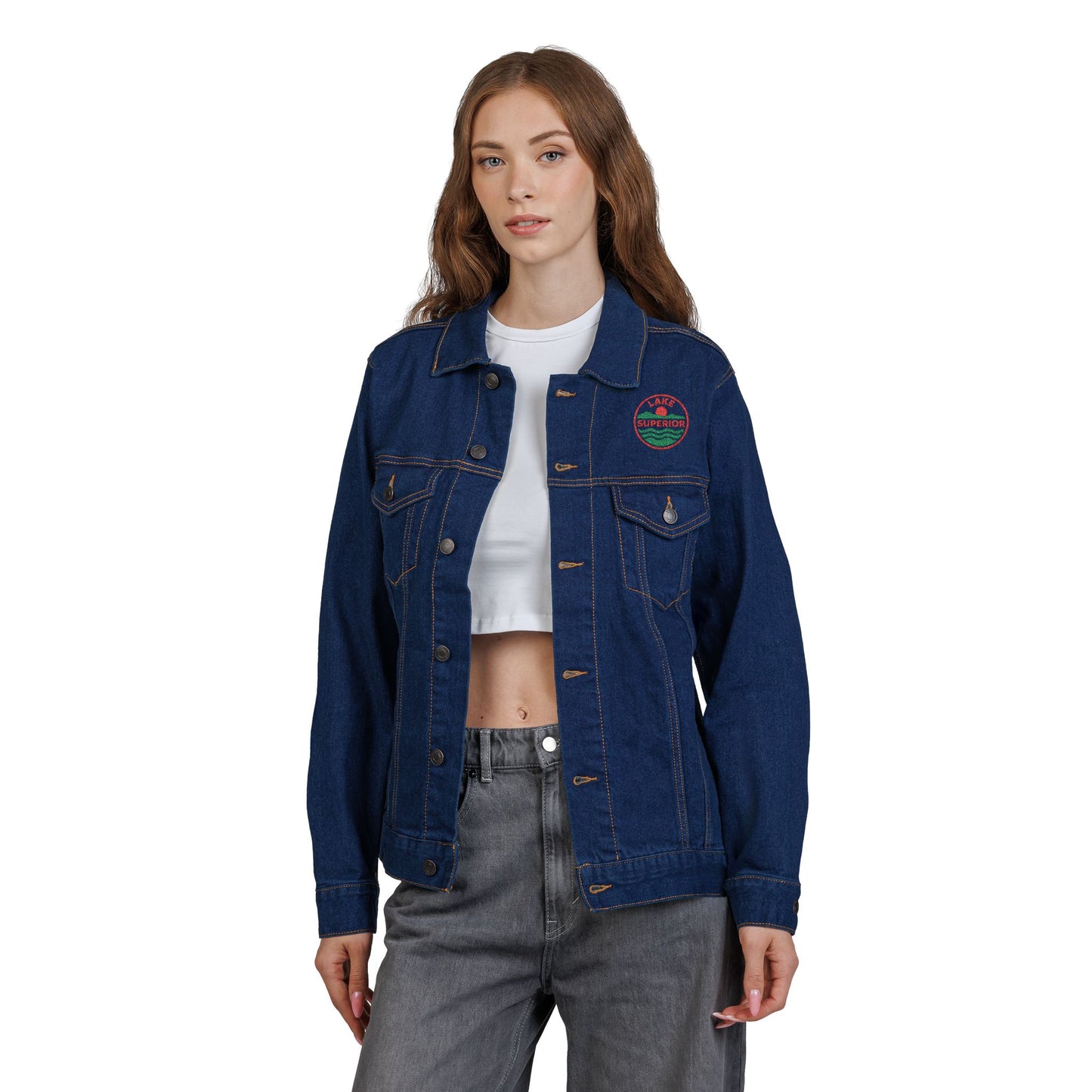 Lake Superior Unisex Embroidered Denim Jacket - Trendy Fall Fashion, Casual Layering, Everyday Wear, Stylish Gift, Unique Statement Piece