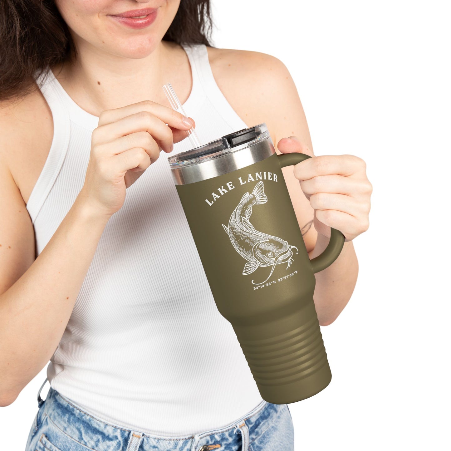 Lake Lanier Insulated Travel Mug, Summer Adventure Cup, Outdoor Coffee Tumbler, Fishing Gift, 40oz Drinkware