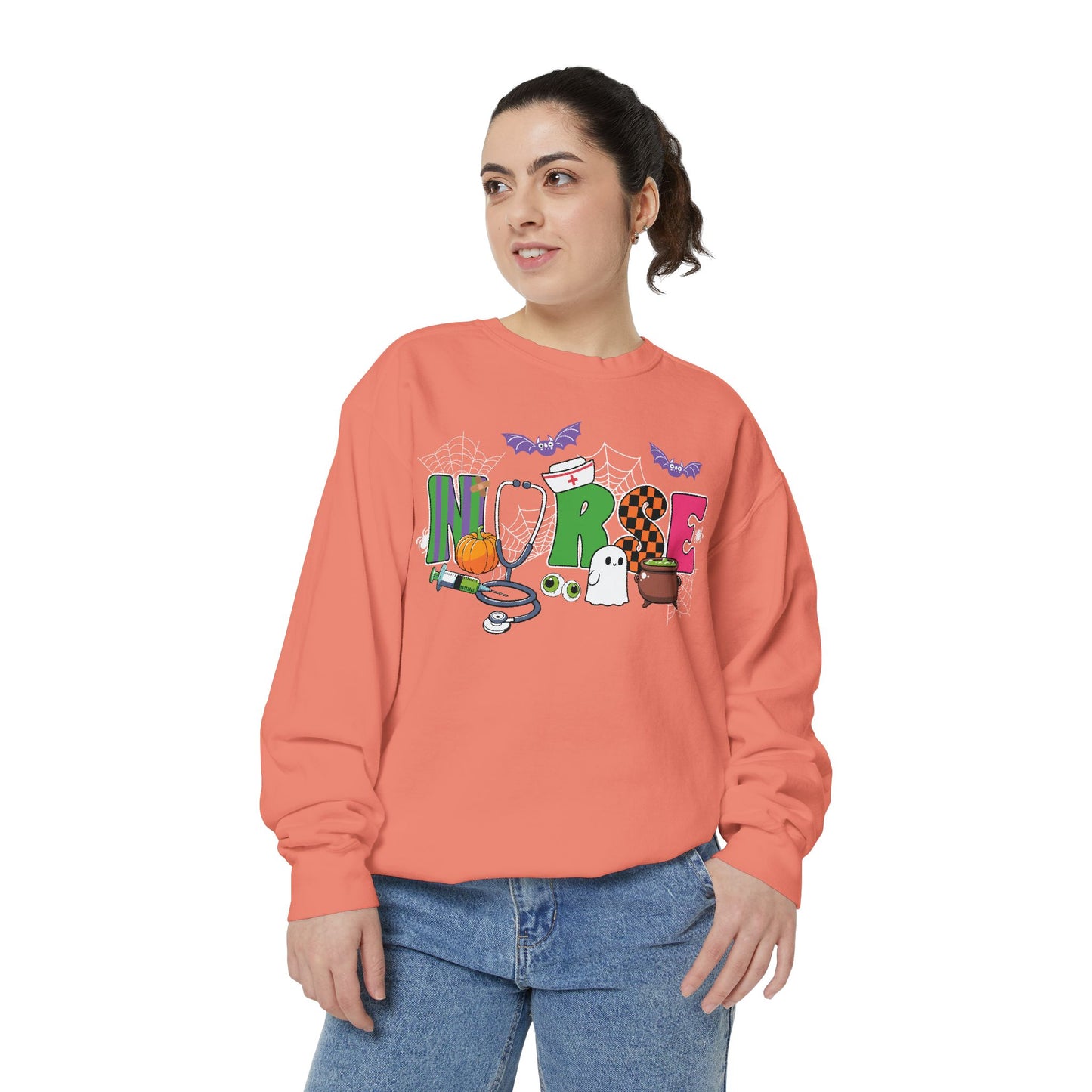 Halloween Nurse Sweatshirt, Spooky Medical Apparel, Unisex Garment-Dyed Hoodie, Nurse Gift, Fall Fashion Sweatshirt
