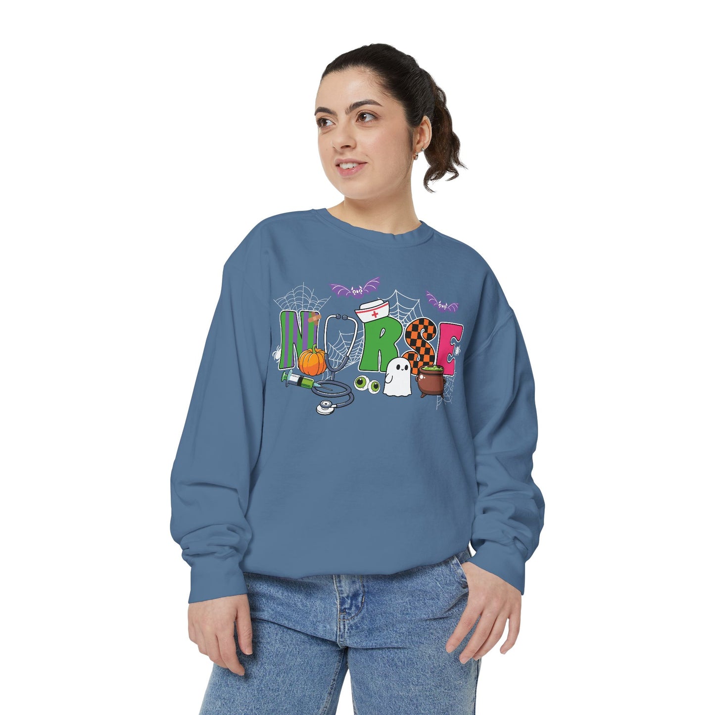 Halloween Nurse Sweatshirt, Spooky Medical Apparel, Unisex Garment-Dyed Hoodie, Nurse Gift, Fall Fashion Sweatshirt