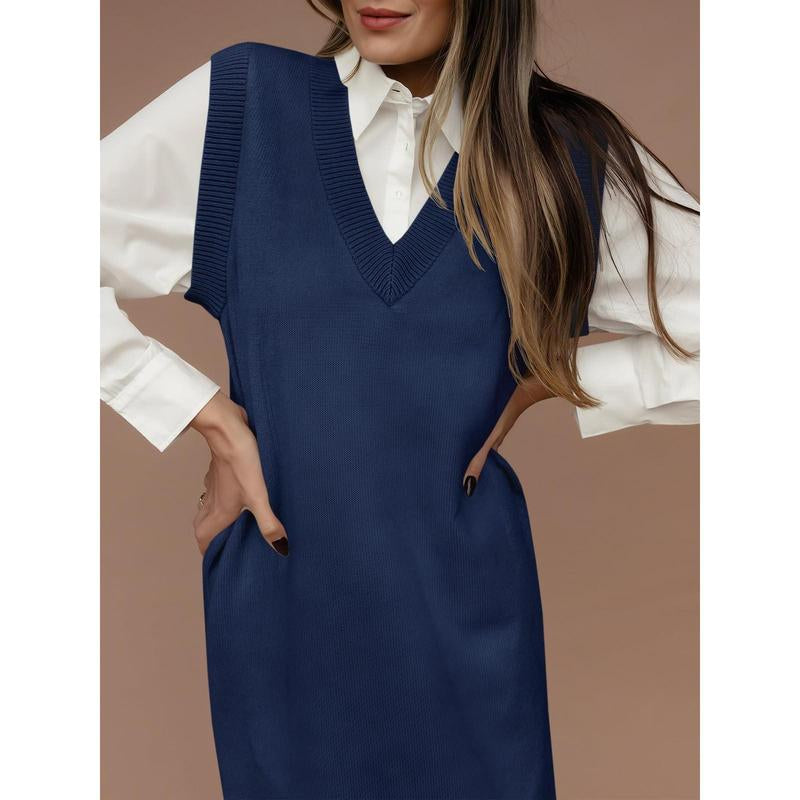 Lannew Womens Sleeveless Sweater Vest Dress Casual Chunky Knit V Neck Loose Slit Fall Tank Midi Dresses