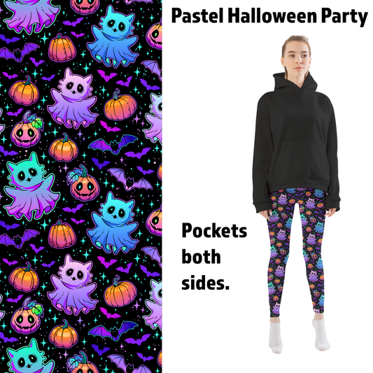 Pastel Halloween Party Cats, Ghosts, and Bats Leggings with Pockets