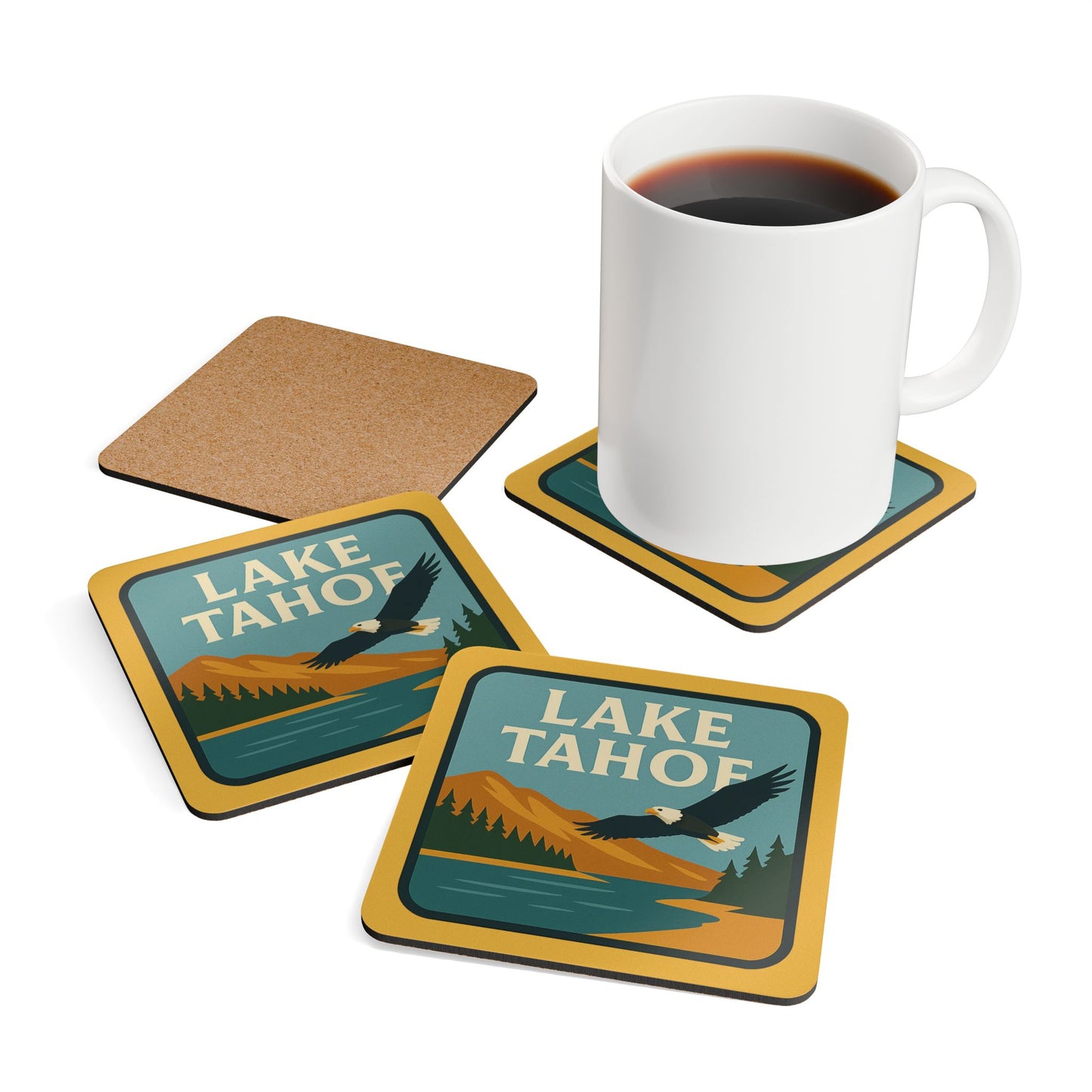 Lake Tahoe Rustic Cork Coaster Set, Nature Decor, Coasters, Cabin Decor, Gift for Homeowners, Scenic Coasters