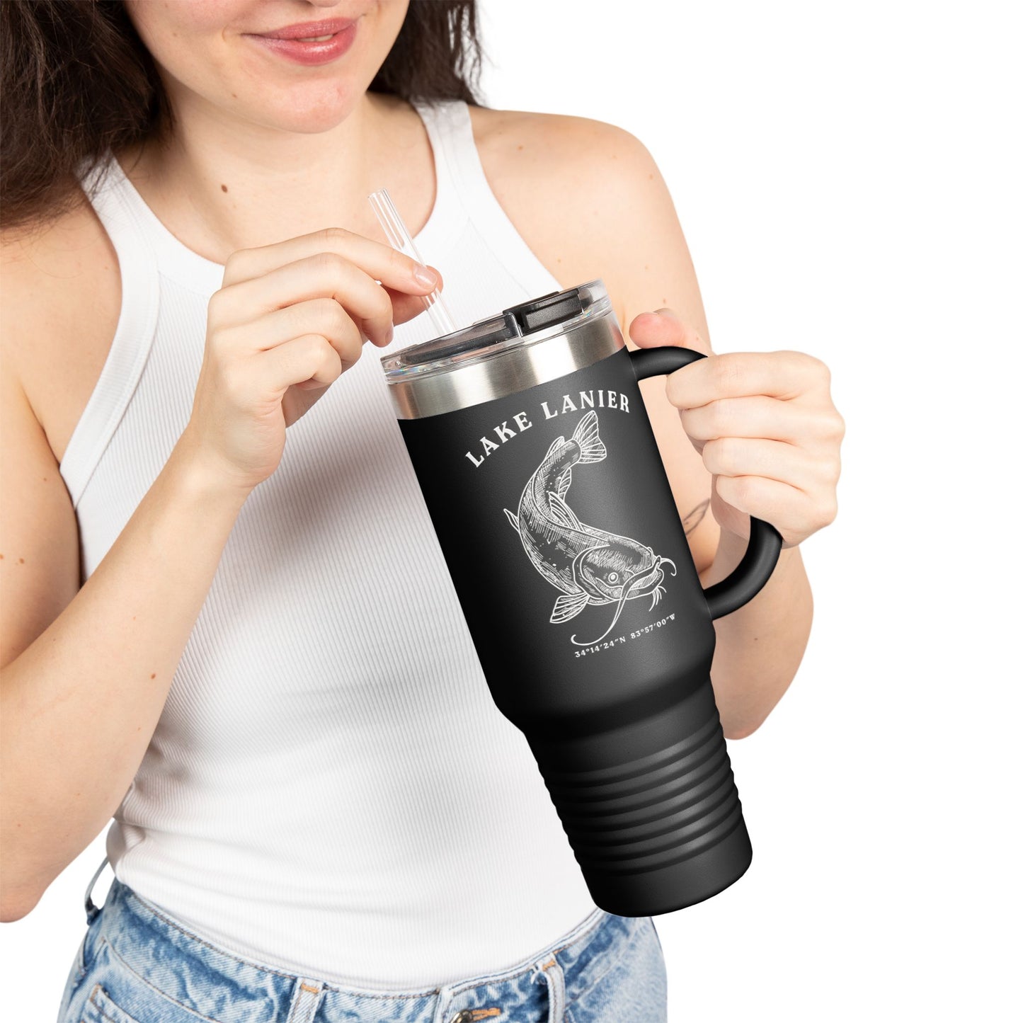Lake Lanier Insulated Travel Mug, Summer Adventure Cup, Outdoor Coffee Tumbler, Fishing Gift, 40oz Drinkware