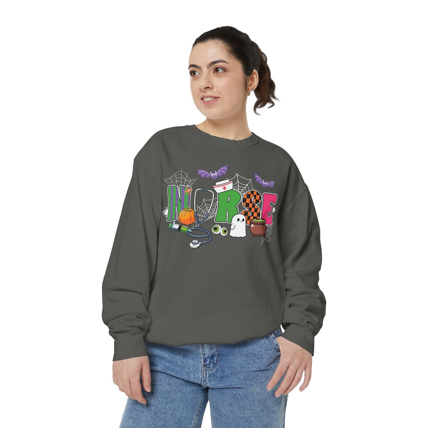 Halloween Nurse Sweatshirt, Spooky Medical Apparel, Unisex Garment-Dyed Hoodie, Nurse Gift, Fall Fashion Sweatshirt
