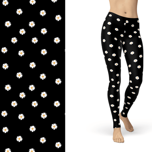 Daisy Flower  Leggings Black and White with Left Side Pocket Active