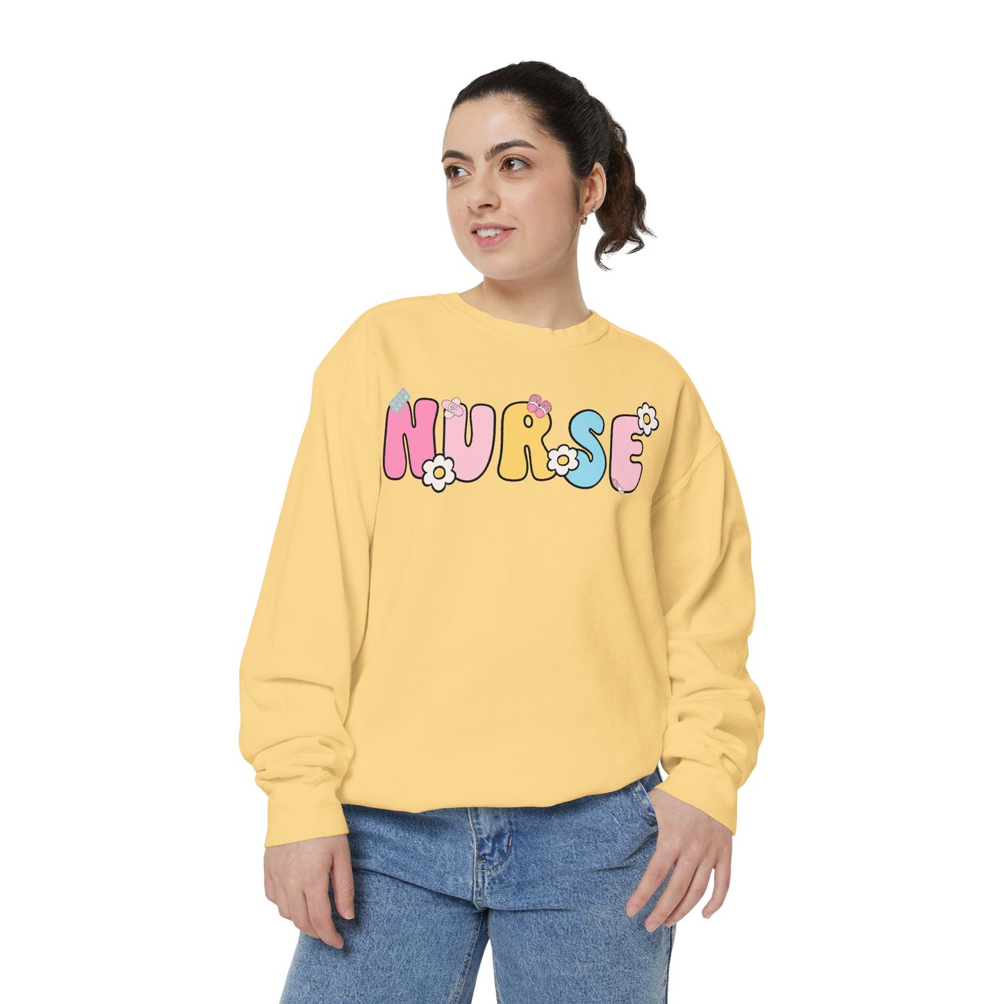 Nurse Sweatshirt, Unisex Garment-Dyed Pullover, Gift for Nurses, Cozy Medical Apparel, Flower Power Sweatshirt, Nursing School