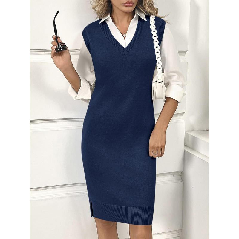 Lannew Womens Sleeveless Sweater Vest Dress Casual Chunky Knit V Neck Loose Slit Fall Tank Midi Dresses
