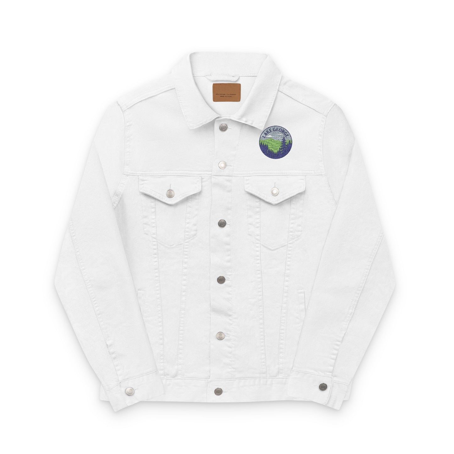 Lake George Unisex Embroidered Denim Jacket - Trendy Fall Fashion, Casual Layering, Everyday Wear, Stylish Gift, Unique Statement Piece