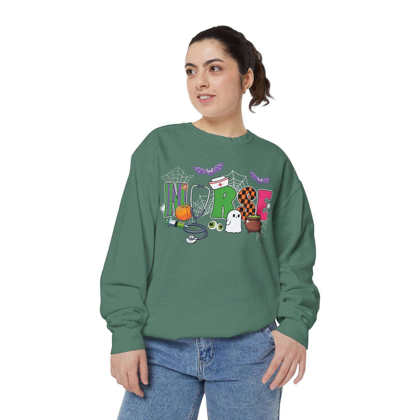 Halloween Nurse Sweatshirt, Spooky Medical Apparel, Unisex Garment-Dyed Hoodie, Nurse Gift, Fall Fashion Sweatshirt