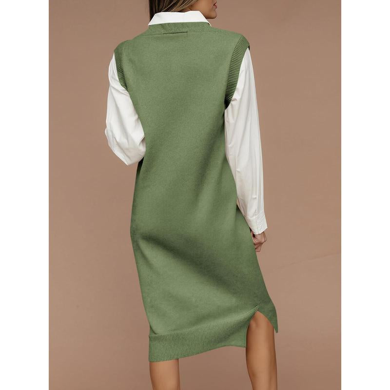 Lannew Womens Sleeveless Sweater Vest Dress Casual Chunky Knit V Neck Loose Slit Fall Tank Midi Dresses