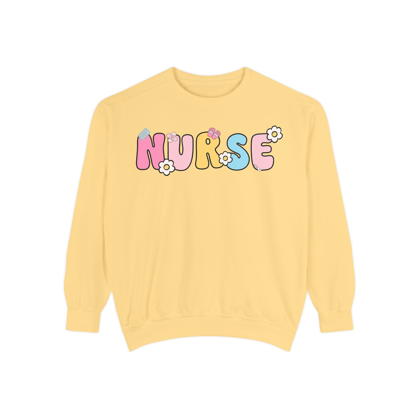 Nurse Sweatshirt, Unisex Garment-Dyed Pullover, Gift for Nurses, Cozy Medical Apparel, Flower Power Sweatshirt, Nursing School
