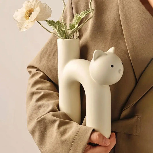 Cream Wind Ceramic Cat Vase