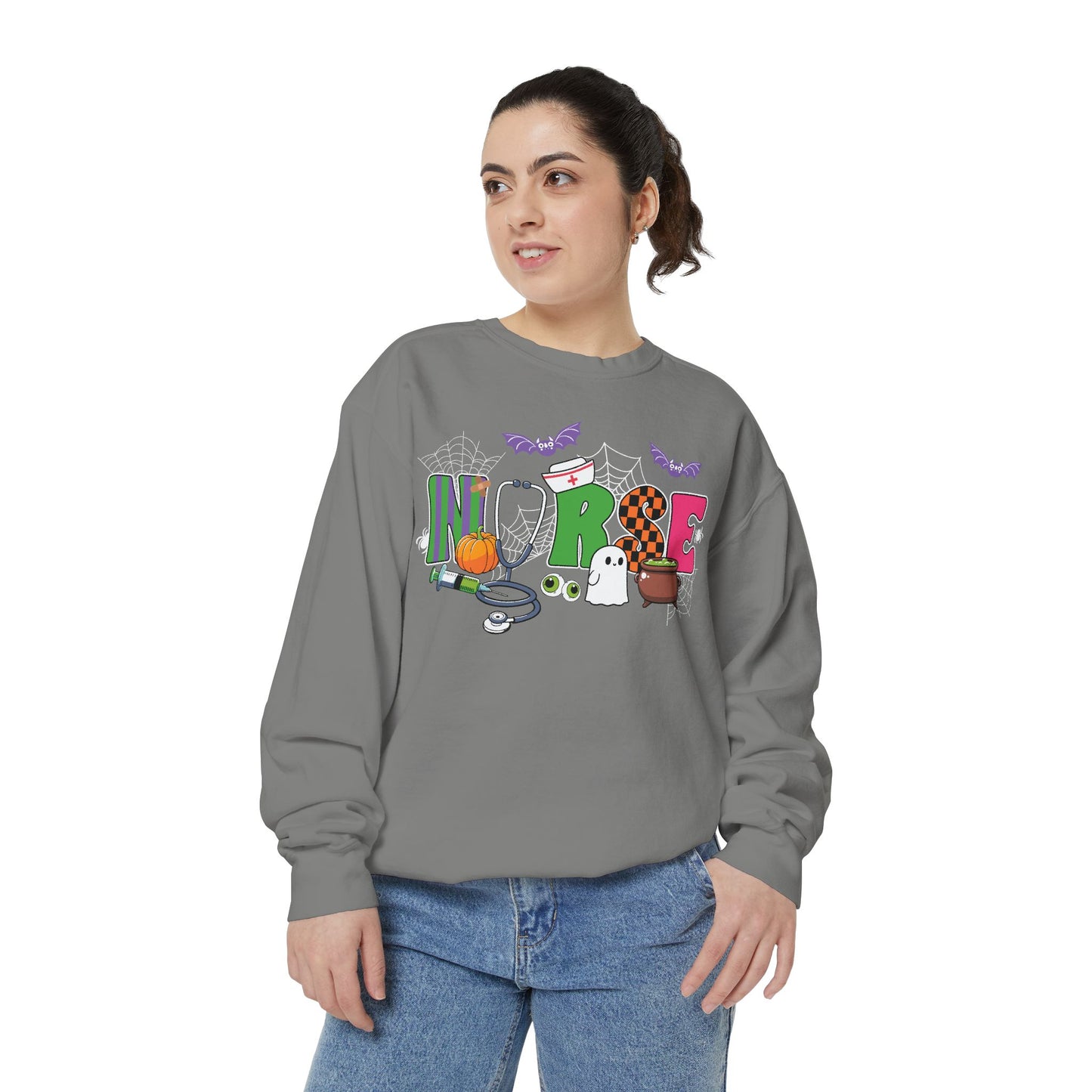 Halloween Nurse Sweatshirt, Spooky Medical Apparel, Unisex Garment-Dyed Hoodie, Nurse Gift, Fall Fashion Sweatshirt