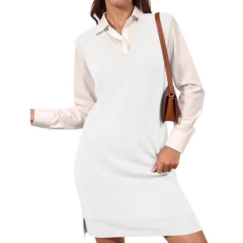 Lannew Womens Sleeveless Sweater Vest Dress Casual Chunky Knit V Neck Loose Slit Fall Tank Midi Dresses