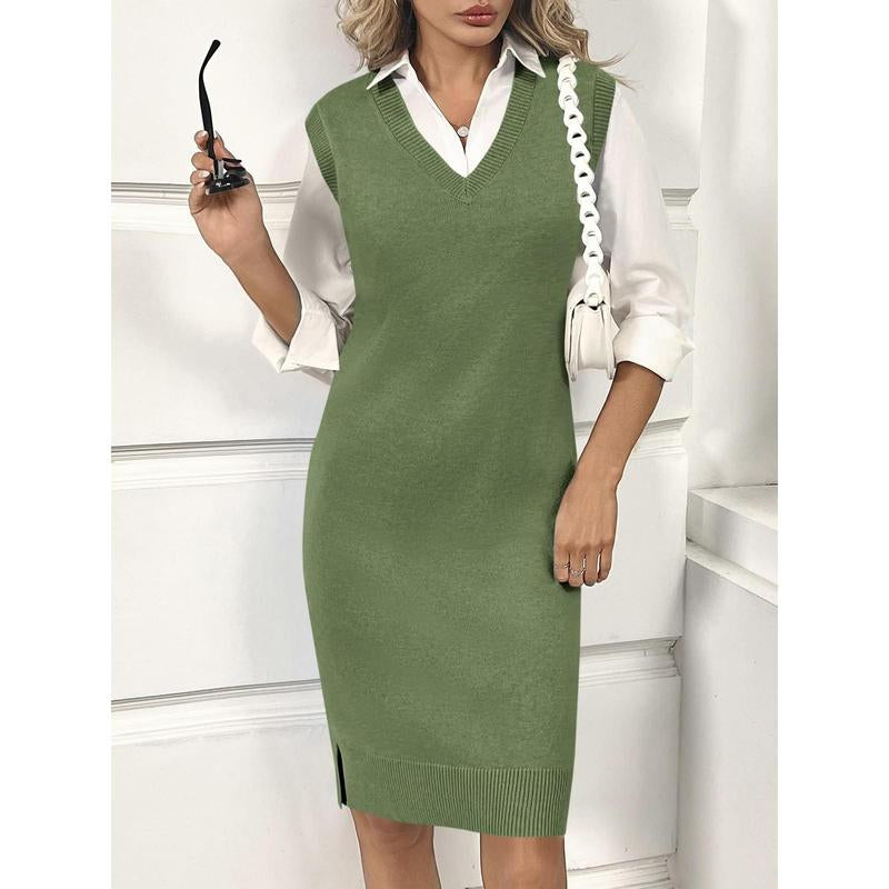 Lannew Womens Sleeveless Sweater Vest Dress Casual Chunky Knit V Neck Loose Slit Fall Tank Midi Dresses