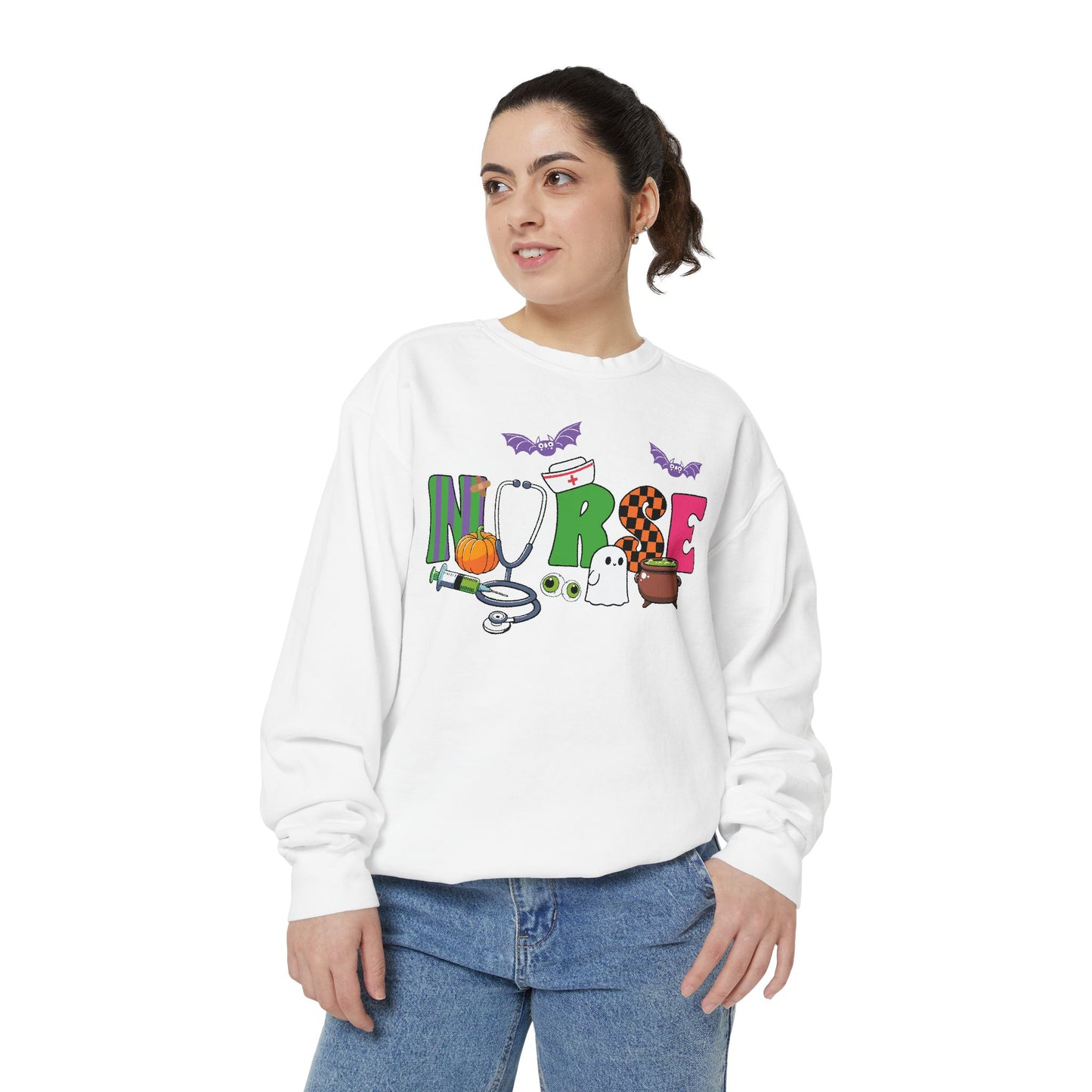 Halloween Nurse Sweatshirt, Spooky Medical Apparel, Unisex Garment-Dyed Hoodie, Nurse Gift, Fall Fashion Sweatshirt