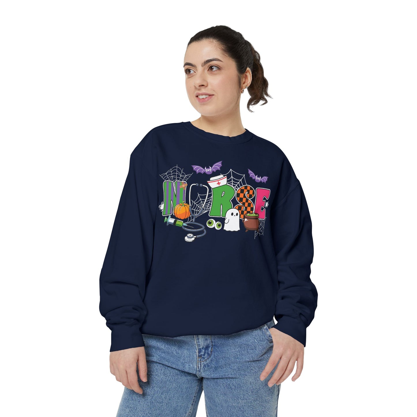 Halloween Nurse Sweatshirt, Spooky Medical Apparel, Unisex Garment-Dyed Hoodie, Nurse Gift, Fall Fashion Sweatshirt