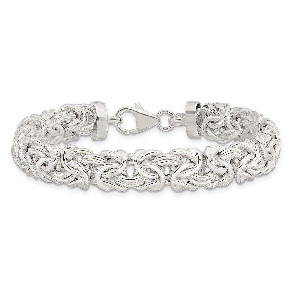 9.3mm Rhodium Sterling Silver Hollow Byzantine Chain Bracelet, 7 Inch