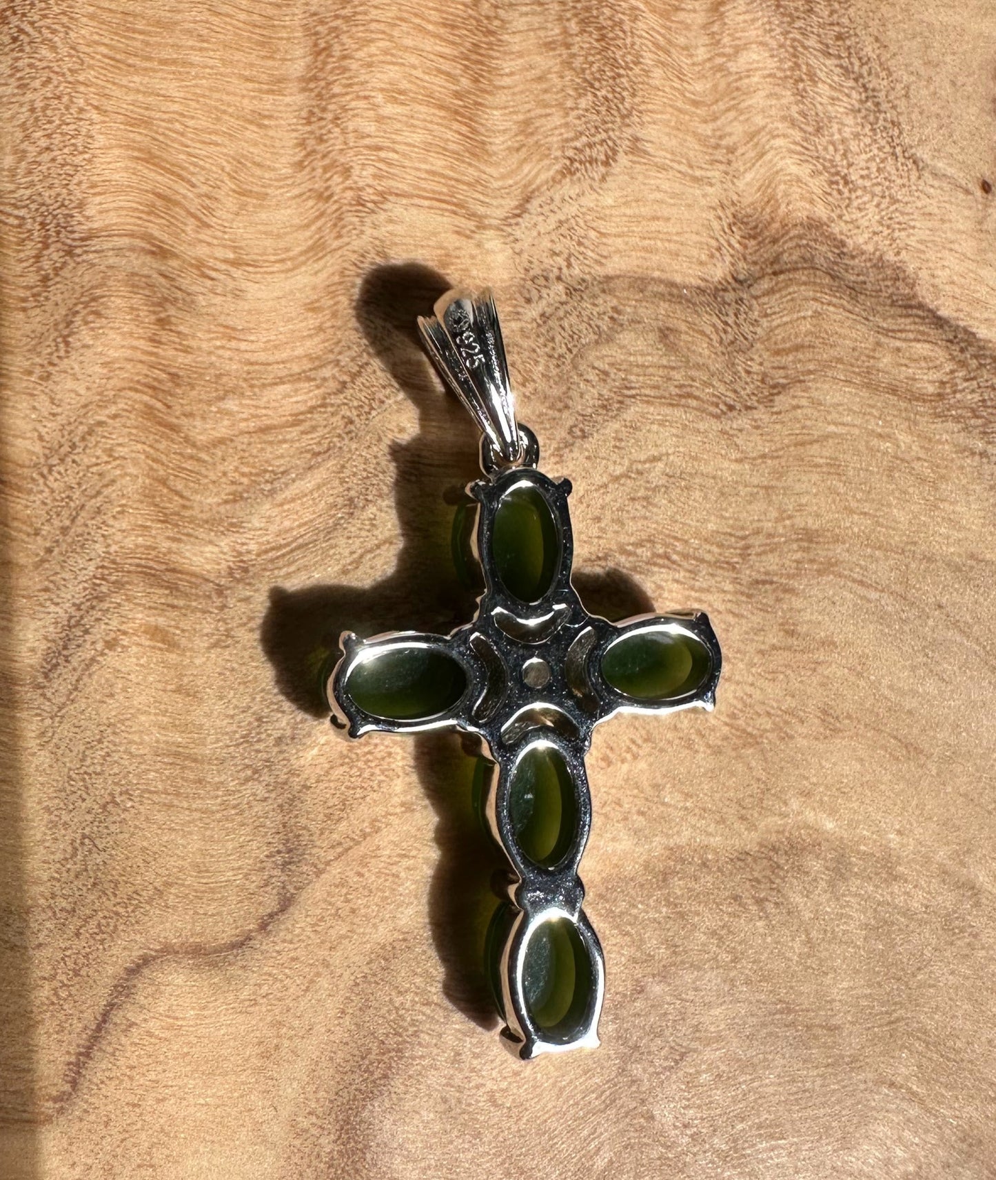Dark Green Jade and Silver Cross Pendant - 4134