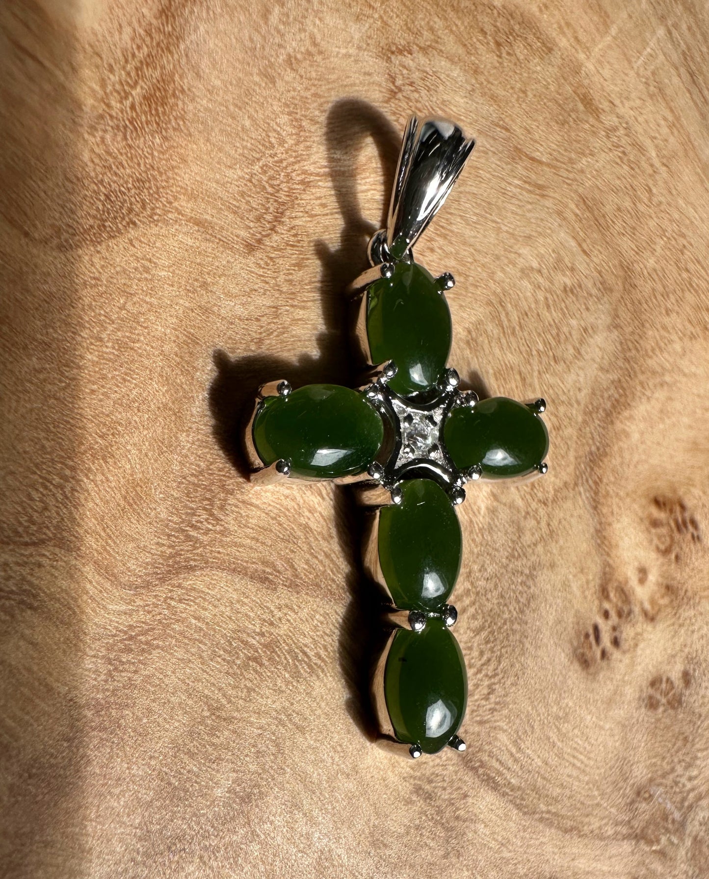 Dark Green Jade and Silver Cross Pendant - 4134