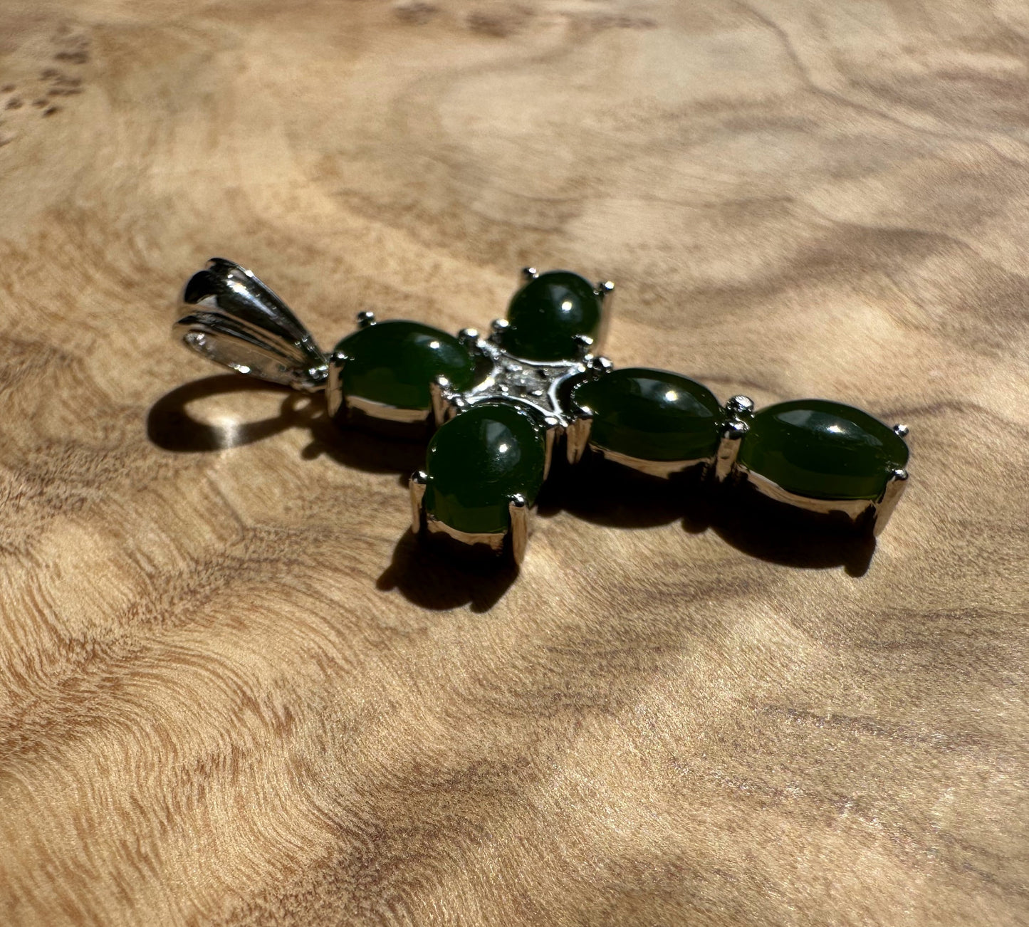 Dark Green Jade and Silver Cross Pendant - 4134