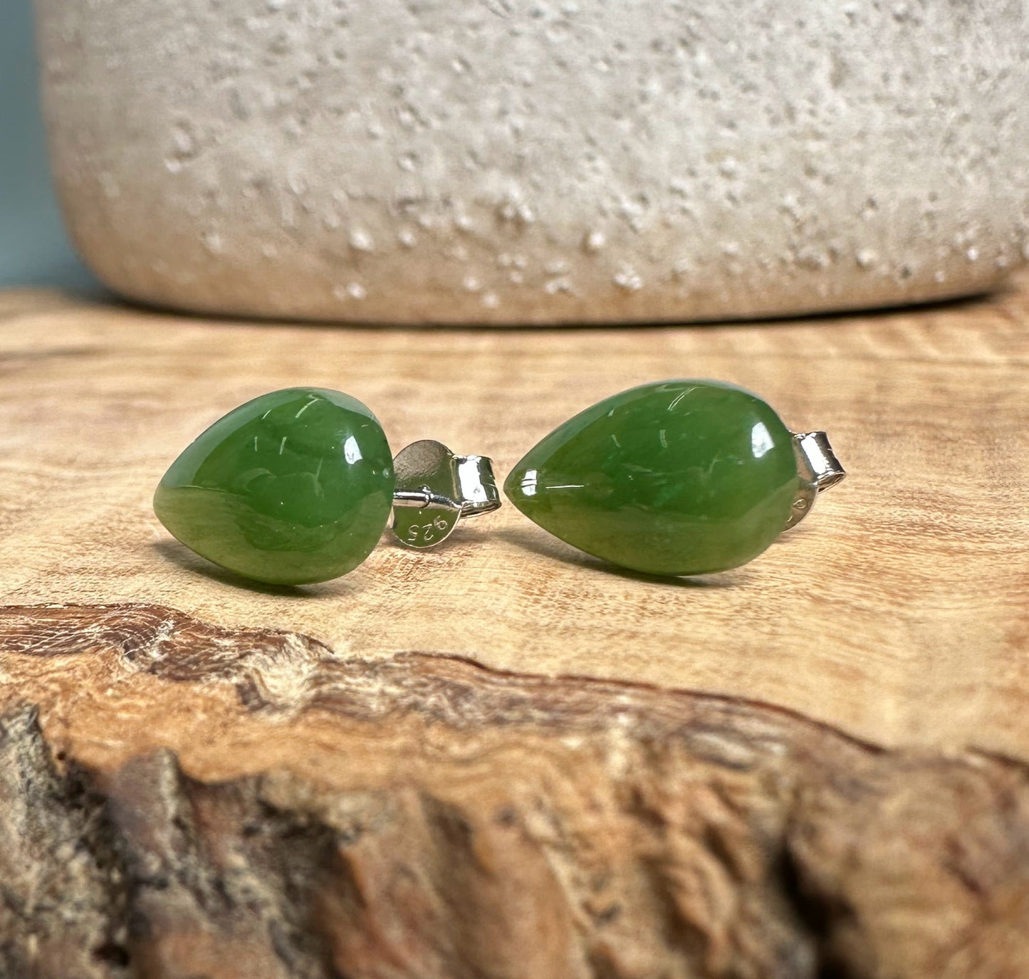 Pear Shape Jade Stud Earrings, 14mm