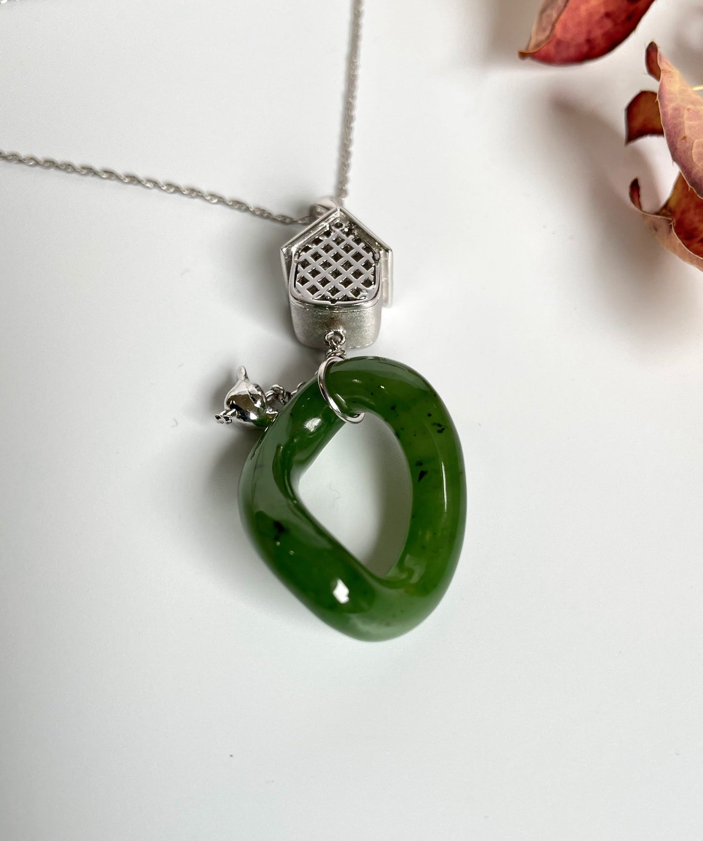 Jade Silver Birdhouse Pendant