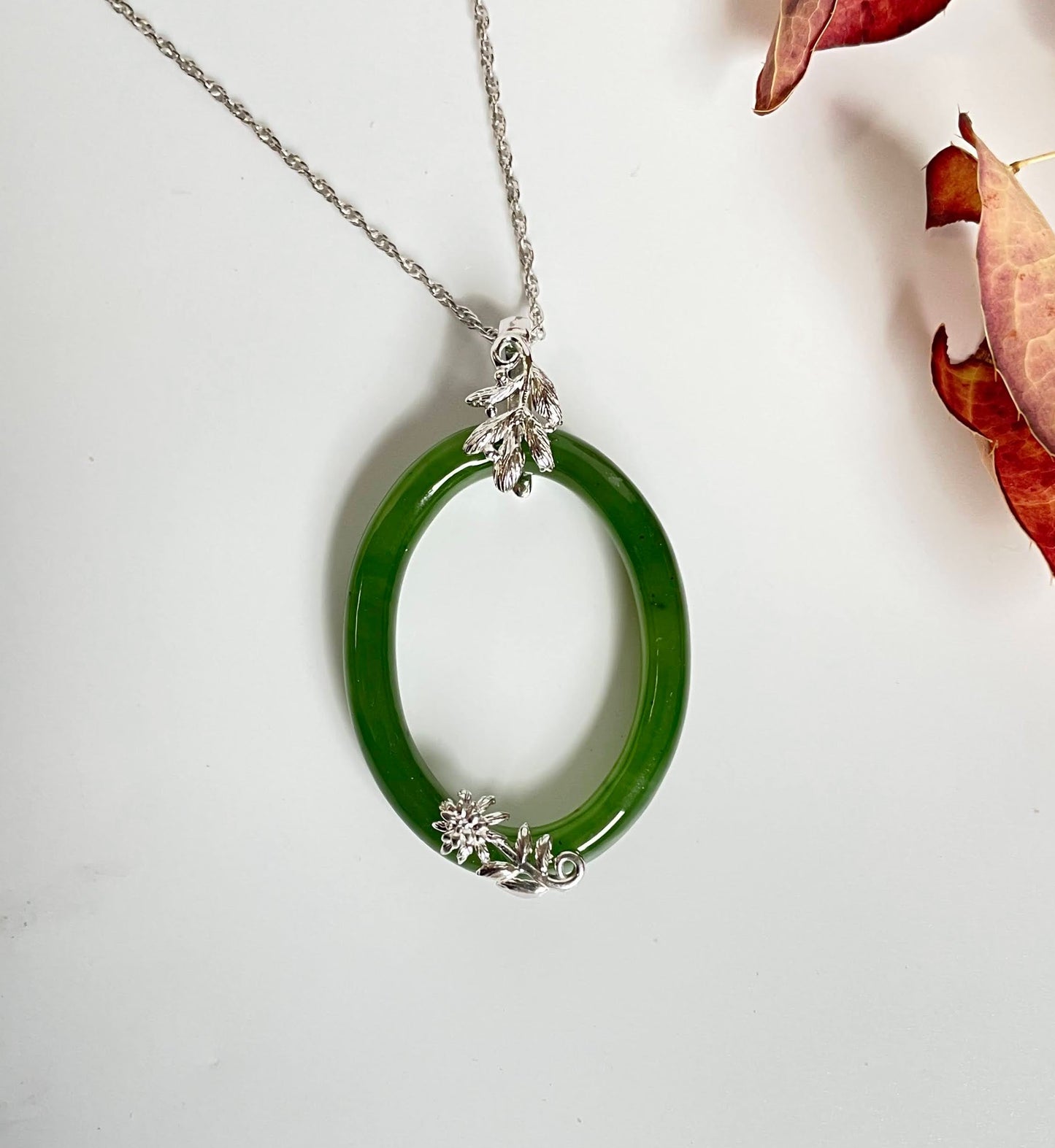 Jade Sterling Silver Oval Pendant, 35mm