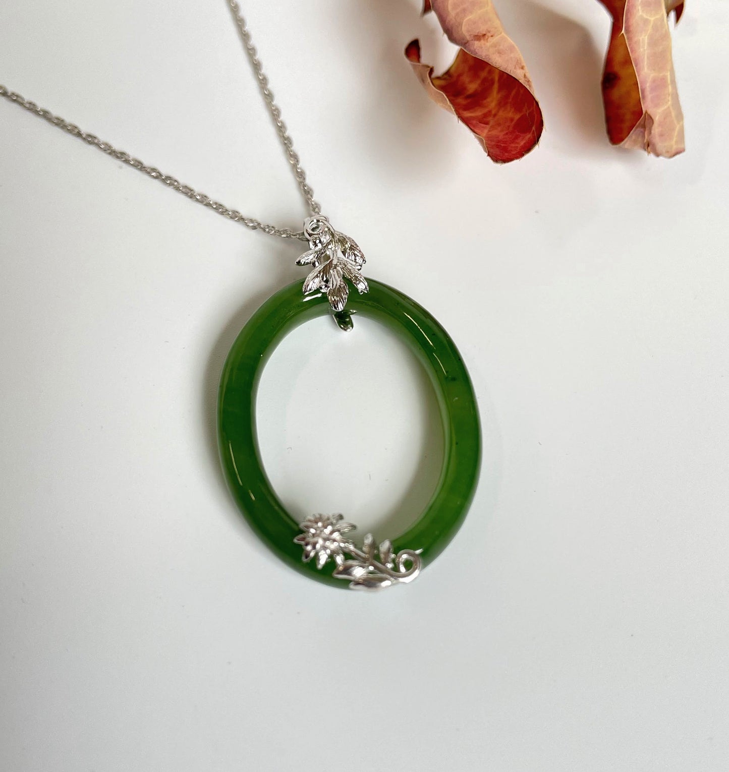 Jade Sterling Silver Oval Pendant, 35mm