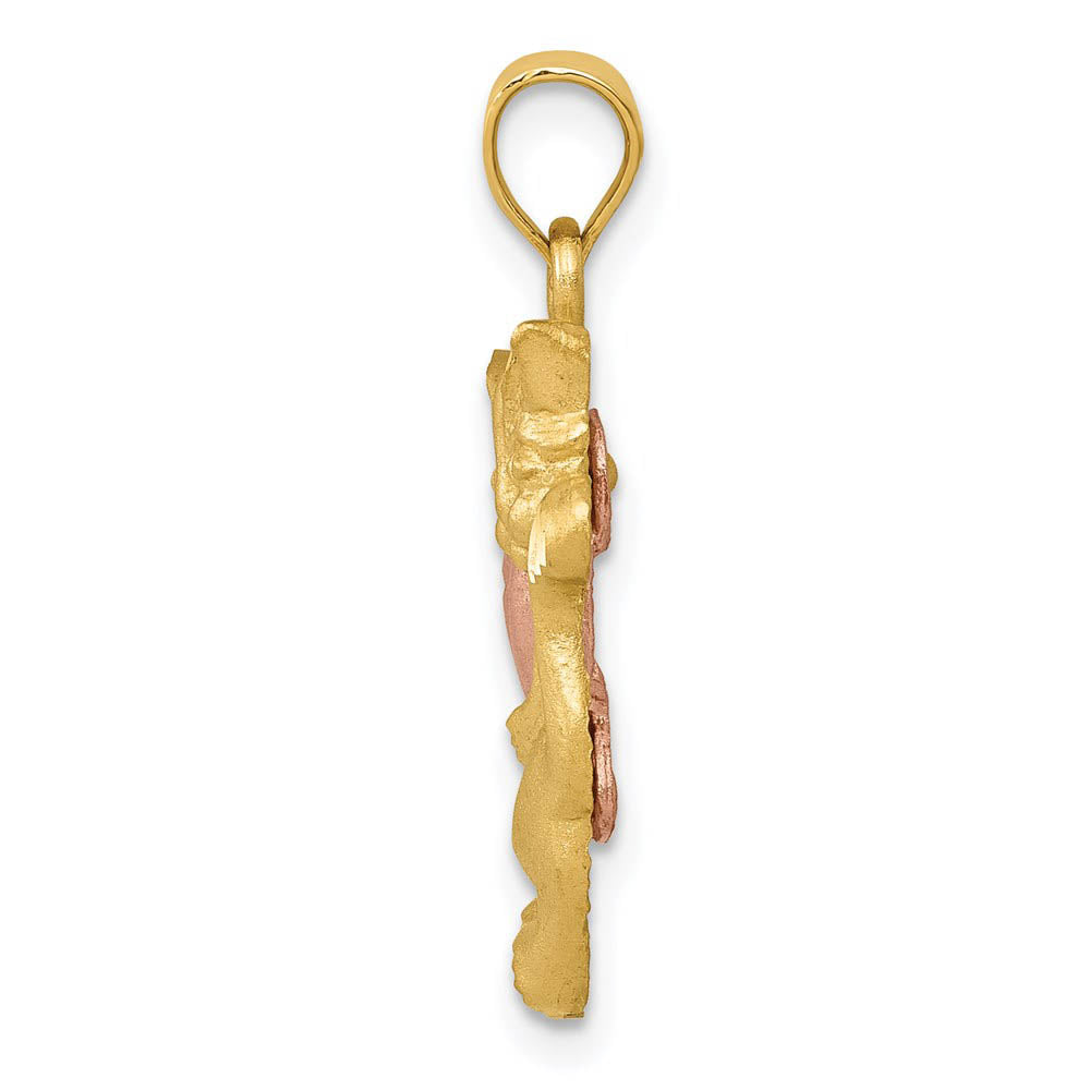 14k Yellow and Rose Gold Satin Cat and Pink Heart Pendant