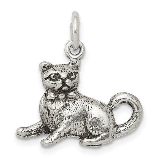 Sterling Silver 3D Antiqued Cat Charm or Pendant