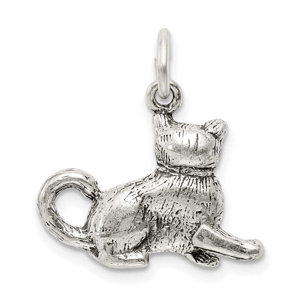 Sterling Silver 3D Antiqued Cat Charm or Pendant