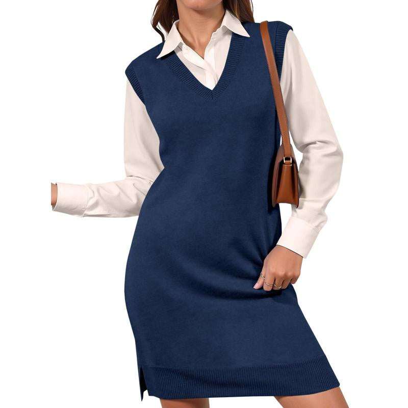 Lannew Womens Sleeveless Sweater Vest Dress Casual Chunky Knit V Neck Loose Slit Fall Tank Midi Dresses