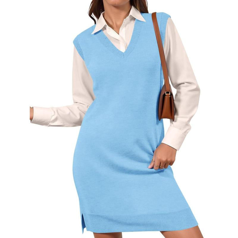 Lannew Womens Sleeveless Sweater Vest Dress Casual Chunky Knit V Neck Loose Slit Fall Tank Midi Dresses