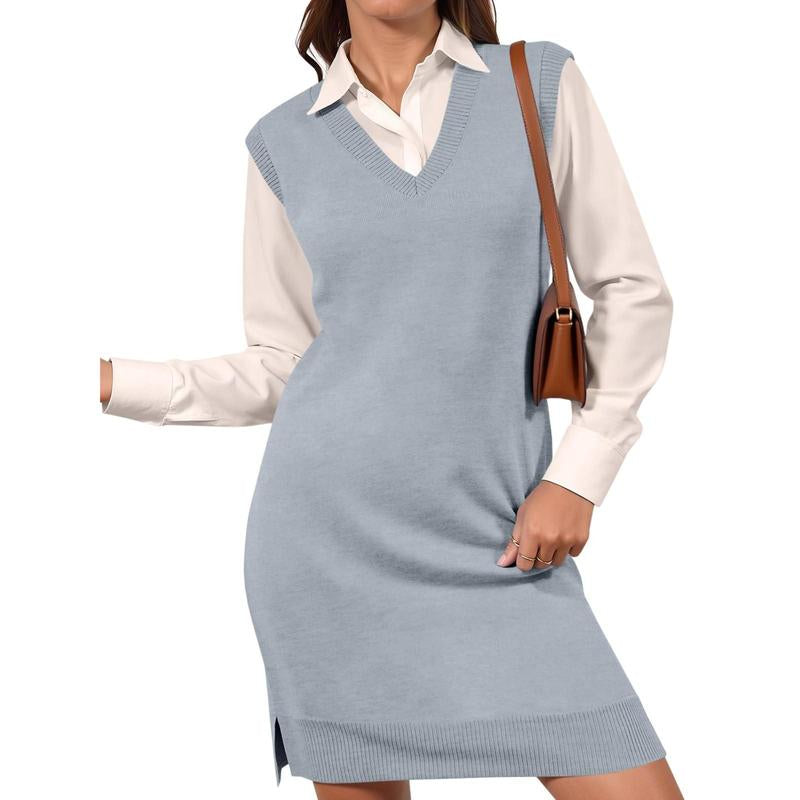 Lannew Womens Sleeveless Sweater Vest Dress Casual Chunky Knit V Neck Loose Slit Fall Tank Midi Dresses