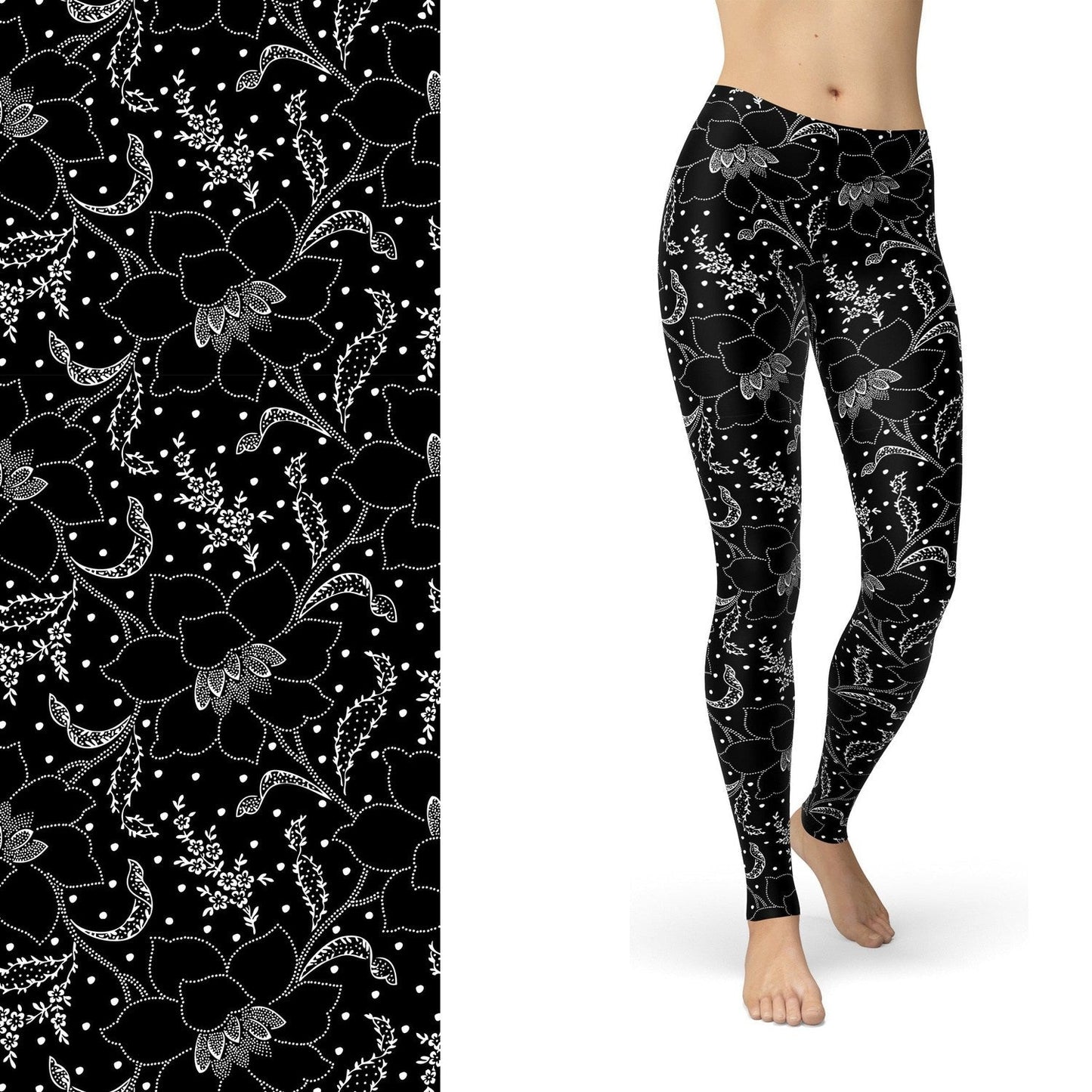 Dotted Flowers in  Black and White Full Length leggings with Pockets