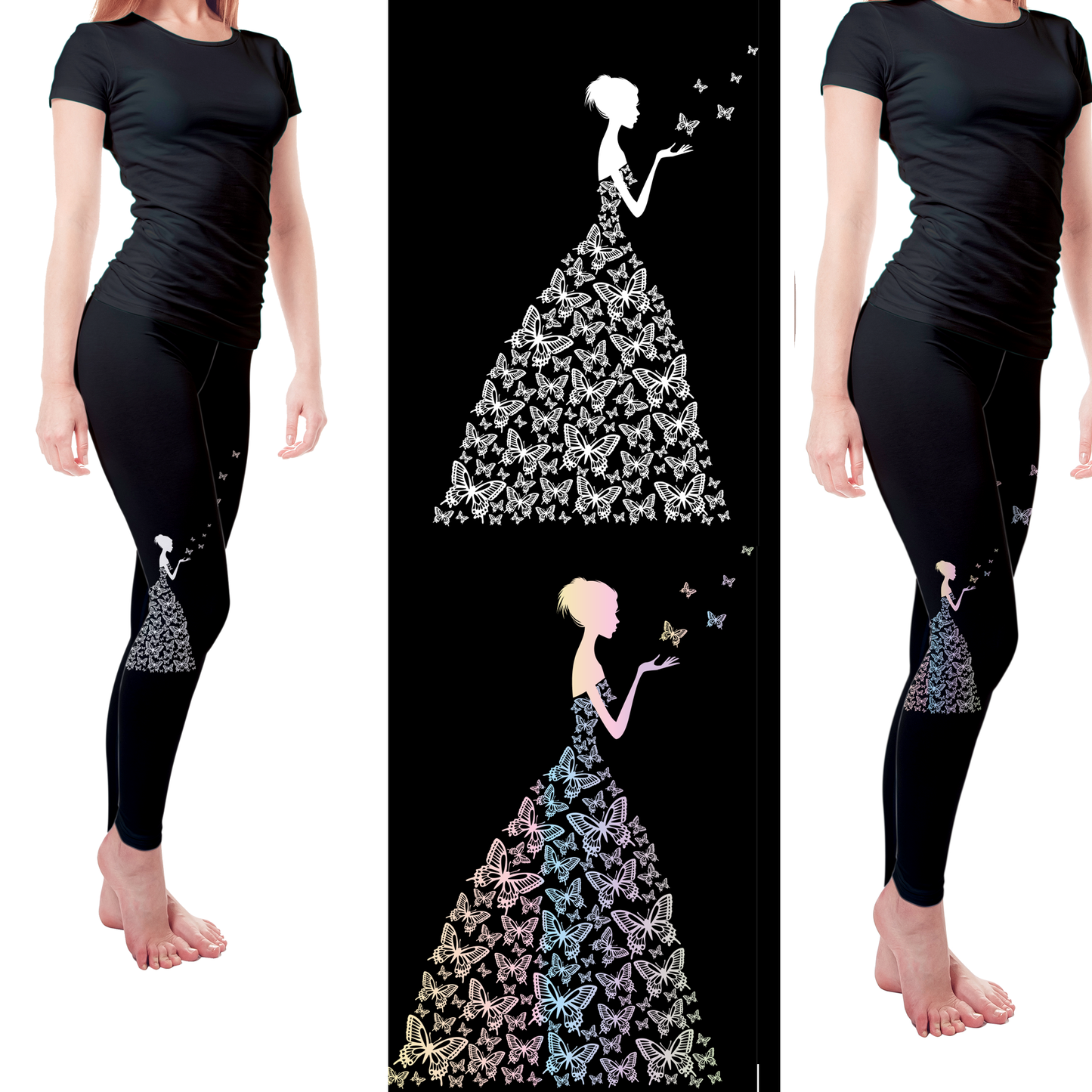 Pastel Black White Butterfly Girl Handmade Leggings with Pockets