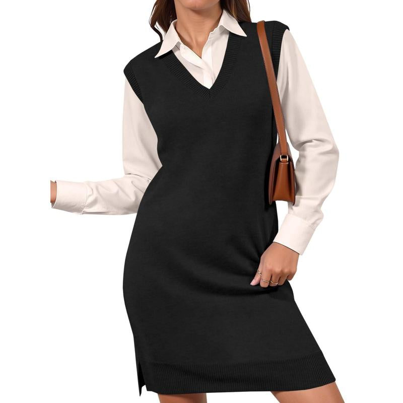 Lannew Womens Sleeveless Sweater Vest Dress Casual Chunky Knit V Neck Loose Slit Fall Tank Midi Dresses