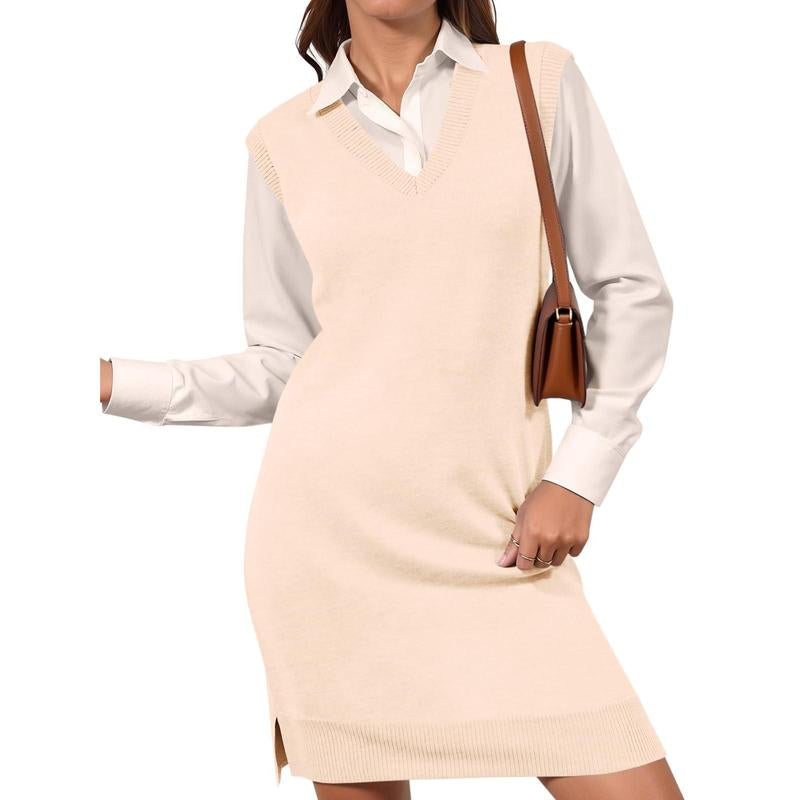 Lannew Womens Sleeveless Sweater Vest Dress Casual Chunky Knit V Neck Loose Slit Fall Tank Midi Dresses