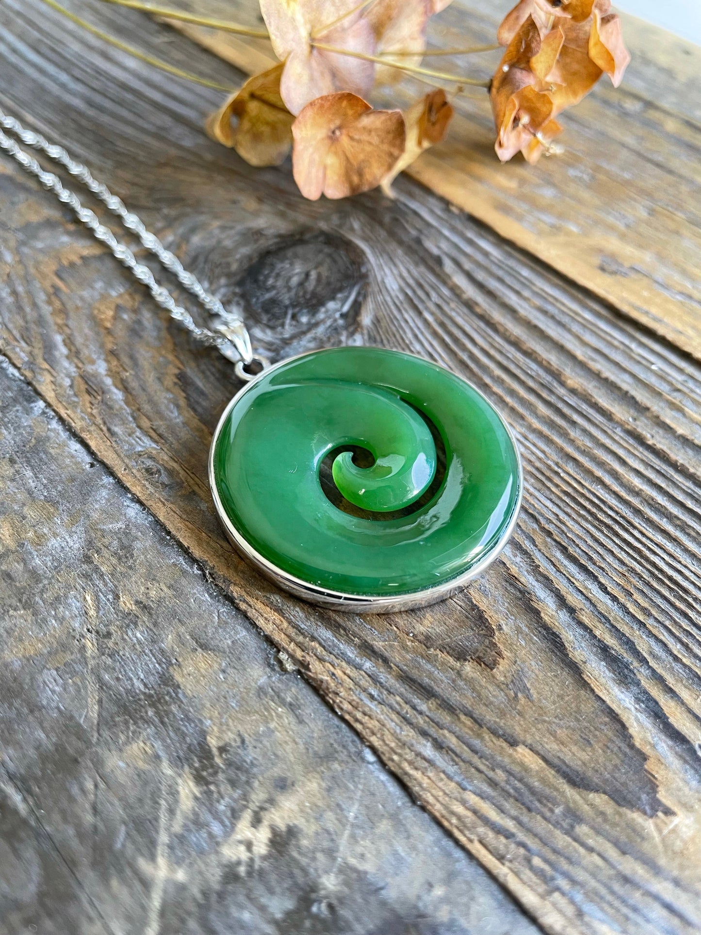 Jade Koru and Sterling Silver Pendant, 32.5mm