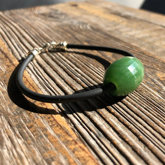 Faceted Jade Bead on Rubber Cord Bracelet with Threaded Sterling Silver End Cap