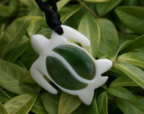 Pendant, Sea Turtle Bone and Jade