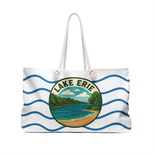 Lake Erie Weekender Bag White | Travel Tote, Beach Bag, Vacation Essentials, Escape Bag, Lake Life Carryall