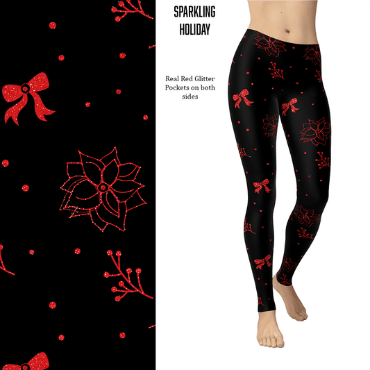 Red Glitter Poinsettia, Bow, Holiday Berry Holiday Leggings with Pockets