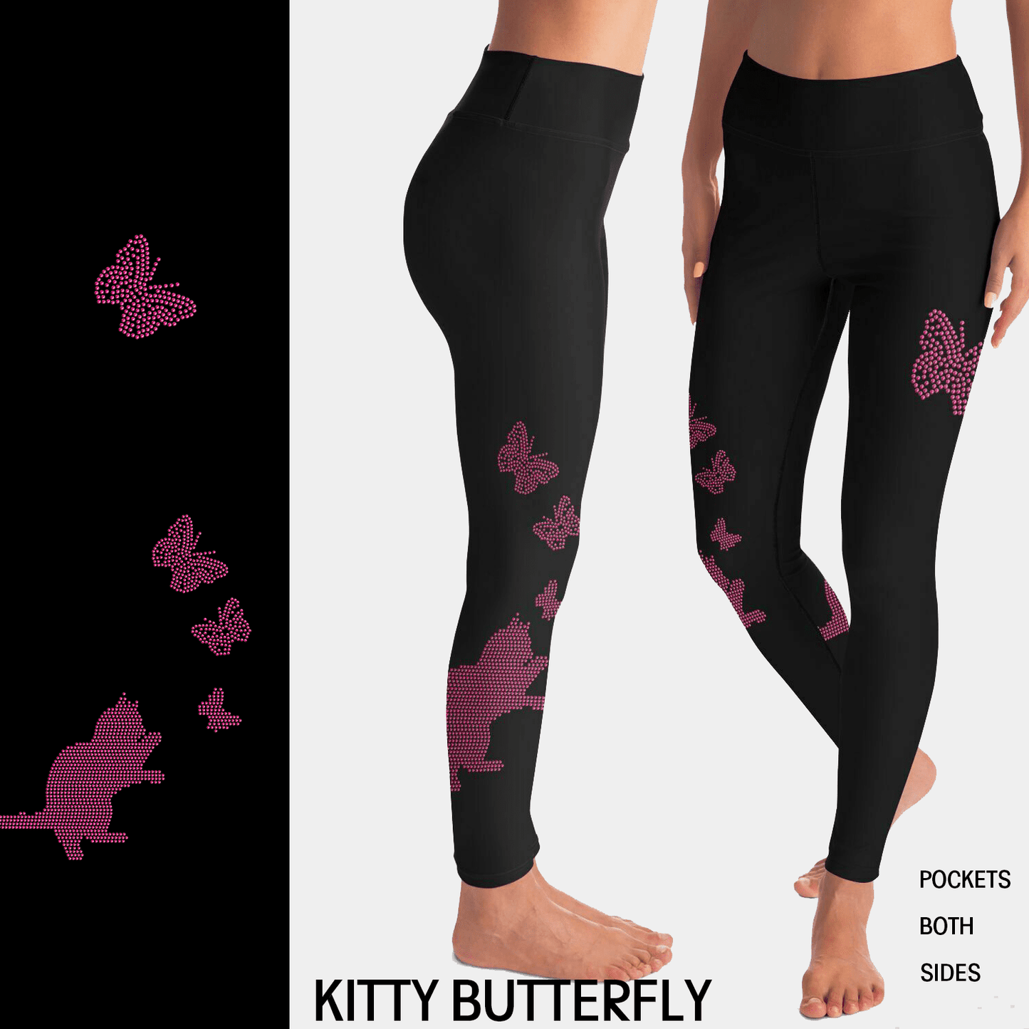 Kitty Butterfly  Rhinestone Leggings with Pockets